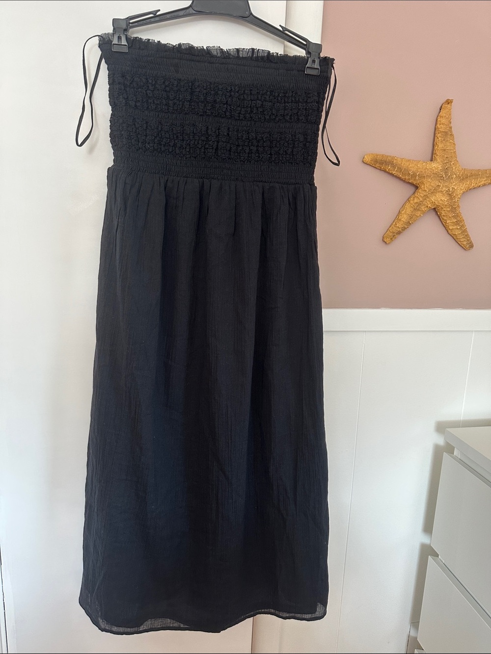 Aeropostale Black Strapless Smocked Gauze Midi Dress, black gauze maxi skirt